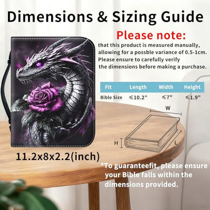 Bible Cover for Women Large PU Leather Zippered Bible Case with Handle and Black Dragon Rose Design, Christian Bible Cover for Girls & Women, Cover Fits Standard 9.5"x7.5"x2.3" Bible - color: Black Dragon Rose