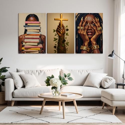 Pormipone African American Woman Wall Art Unframed Prints 3 Piece Set 12x18 - color: Black Girl Canvas Art B, size: 18"L x 12"W