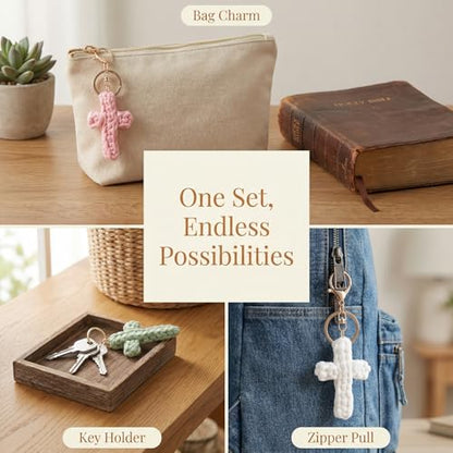 3 Pack Cross Keychains, Christian White Pink Green Colors Cross Key Chain