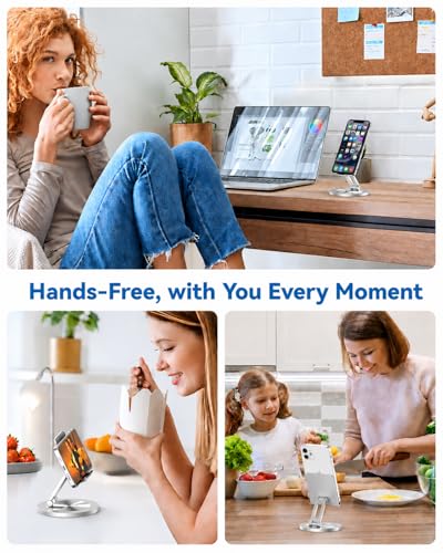 Phone Stand for Desk, 360° Rotating Dual Adjustable Foldable Cell Phone Holder, Heavy Solid All-Aluminum Base Anti-Slip Stable Support for Home Office Study, Fits iPhone Galaxy 4-8" Phones - color: Silver
