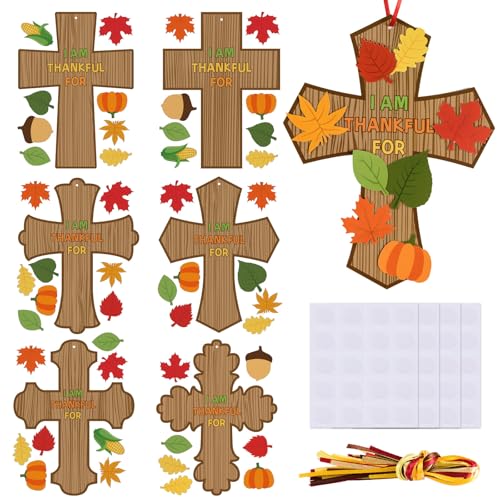 MoDooris 24 Set Fall Cross Craft Kits DIY Thanksgiving Christian Decors Make Your Own Religious Cross Hanging Ornament with Leaf Cutouts for Kids Classroom School Sunday Church Thankful Activity