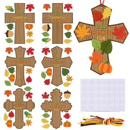 MoDooris 24 Set Fall Cross Craft Kits DIY Thanksgiving Christian Decors Make Your Own Religious Cross Hanging Ornament with Leaf Cutouts for Kids Classroom School Sunday Church Thankful Activity