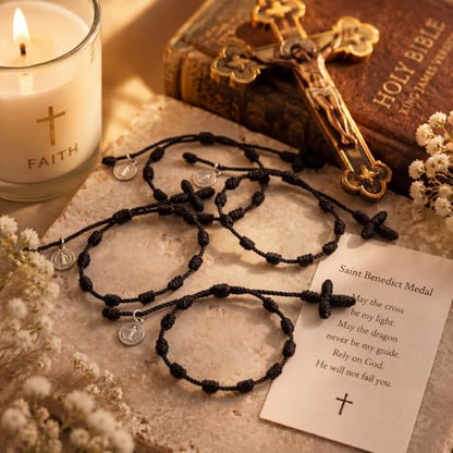 Yinkin St Benedict Medal Rosary Bracelet Bulk Adjustable - color: Black