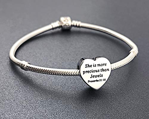 Heart Charm Fit Pandora Charms Bracelet Christian Bible Verse Charm Prayer Faith Religious Charms Gifts for Women - style: She is more precious than Jewels Proverbs 31:10