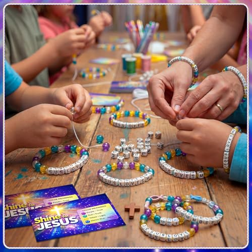 Unittype 24 Sets 2026 VBS DIY Crafts Illumination Bracelet Making Kit 2026 Illumination DIY Jesus Loves Me Bead Wristband Craft Kit with Bible Lesson Cards for Sunday School Classroom Party Gifts