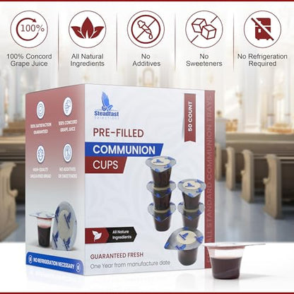 Steadfast Selections 50 CT Pre-filled Communion Cups and Wafer Set, Comunión Cups and Bread, Prefilled Communion Cups and Wafer Set, Individual Communion Wafers and Juice Comunion, Comunione, Lords Supper Cups