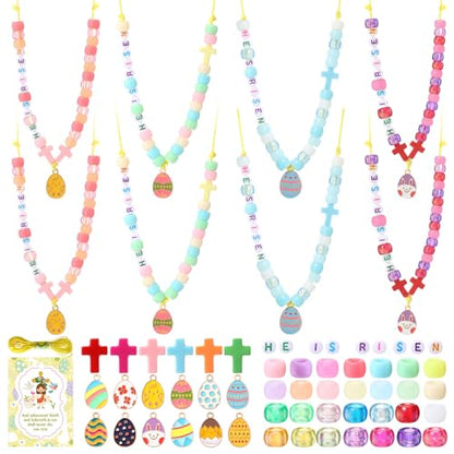 Ferreve 25 Sets Easter Beads Necklace Craft Kit DIY He is Risen Craft Acrylic Cross Bead Alloy Easter Egg Pendant Christian Religious Gifts with Jesus Greeting Card for Church Party Favor Activities