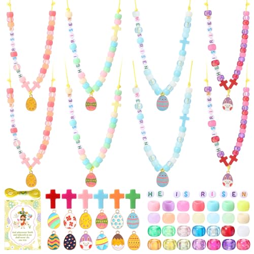 Ferreve 25 Sets Easter Beads Necklace Craft Kit DIY He is Risen Craft Acrylic Cross Bead Alloy Easter Egg Pendant Christian Religious Gifts with Jesus Greeting Card for Church Party Favor Activities