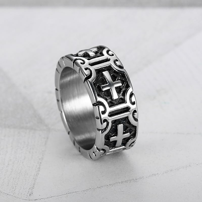 Cross Ring for Men,Stainless Steel Cross Ring for Men - Intricate Carved Pattern, Gothic Religious Jewelry，Retro Style，Size 8-12