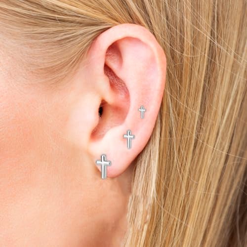 3pcs Cross Stud Earrings, 3 Size Flat Back Cross Stud Cartilage Piercing Jewelry for Women Men - color: Silver