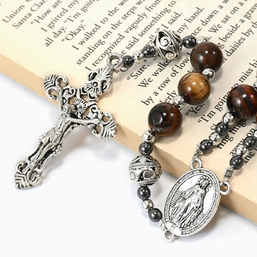 Nazareth Store Genuine Rosary Stone Beads Necklace Metal Beaded Glory Beads Miraculous Medal & Silver Cross Crucifix For Men and Womens - color: Tiger Eye