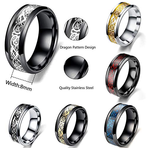 CASDAN 6Pcs 8mm Stainless Steel Celtic Dragon Rings for Men