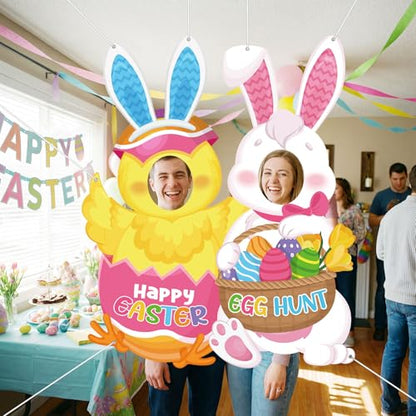 WovWeave Easter Decorations Face Hole Banner Large Polyester Backdrop for Egg Hunt Party Supplies Funny Spring Holiday Photo Prop with Grommets Washable Hanging Wall Background for Family Guests - style: Easter