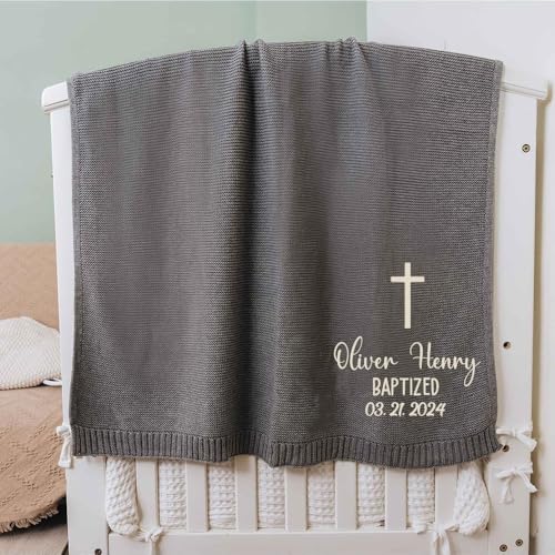 IZI POD Personalized Baby Baptism Knit Blanket, Custom Embroidered Boy Girl Christening Blanket, Custom Name and Date, Baptismal Keepsake, Gifts for Baby, Birthday, Baptized - Style 2 - color: Custom 11