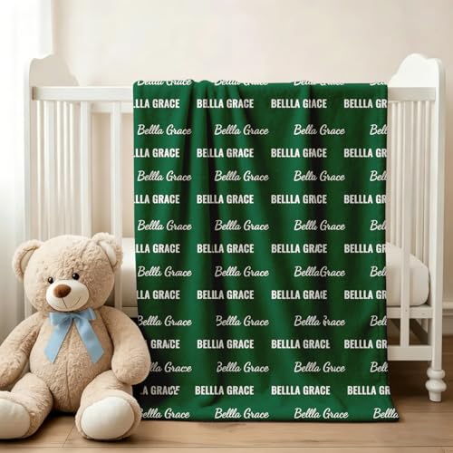 Ships Next Day, Personalized Baby Blanket with Name - Custom Newborn Hospital Swaddle Blanket, Super Soft Plush Flannel Baby Gift for Birth Announcement Shower Easter Gifts for Toddler Kids - color: Green