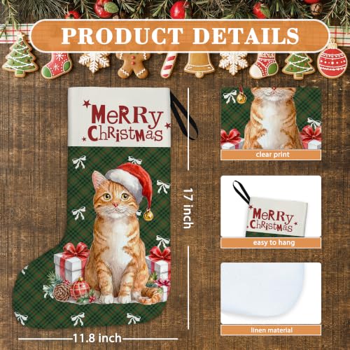 Orange Tabby Cat Green Plaid Christmas Stockings 16 Inch - color: Christmas13