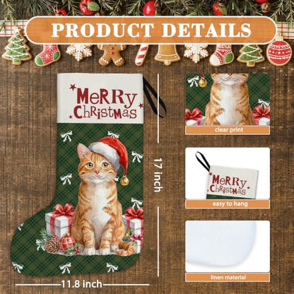 Orange Tabby Cat Green Plaid Christmas Stockings 16 Inch - color: Christmas13