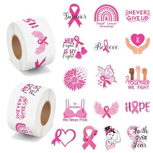 BeYumi Breast Cancer Awareness Stickers - 1000Pcs Breast Cancer Awareness Stickers in 2 Rolls Waterproof Vinyl Pink Ribbon Caring for Women's Health Decals Care About Women Laptop Bottle Luggage Decor - style: Breast Cancer Awareness