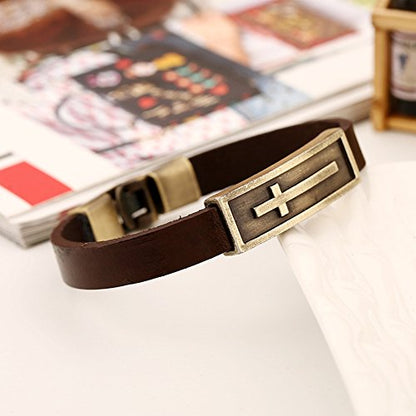 Men Punk Alloy Leather Bracelet Cross Bracelet Bangle Wristband - color: Brown