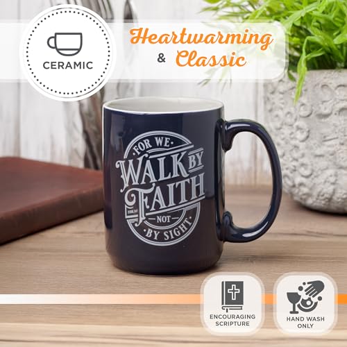 Christian Art Gifts Walk by Faith Scripture Coffee Mug, Inspirational Bible Verse Ceramic Mug, Navy Blue & White, 14 oz, Lead & Cadmium-Free, Christian Gift Drinkware for Men & Women - color: Navy Blue/Walk by Faith