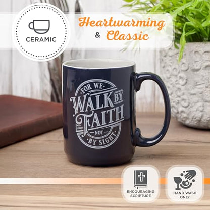 Christian Art Gifts Walk by Faith Scripture Coffee Mug, Inspirational Bible Verse Ceramic Mug, Navy Blue & White, 14 oz, Lead & Cadmium-Free, Christian Gift Drinkware for Men & Women - color: Navy Blue/Walk by Faith