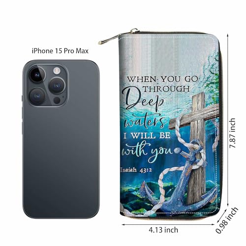 Cross and Anchor Quote Bible Verse Isaiah 43:2 Print Wallet for Women Large Capacity Wallet Credit Card Holder PU Leather Zipper Clutch Purse Phone Wallet - color: Cross and Anchor Quote Bible Verse Isaiah 43:2