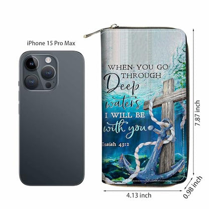 Cross and Anchor Quote Bible Verse Isaiah 43:2 Print Wallet for Women Large Capacity Wallet Credit Card Holder PU Leather Zipper Clutch Purse Phone Wallet - color: Cross and Anchor Quote Bible Verse Isaiah 43:2