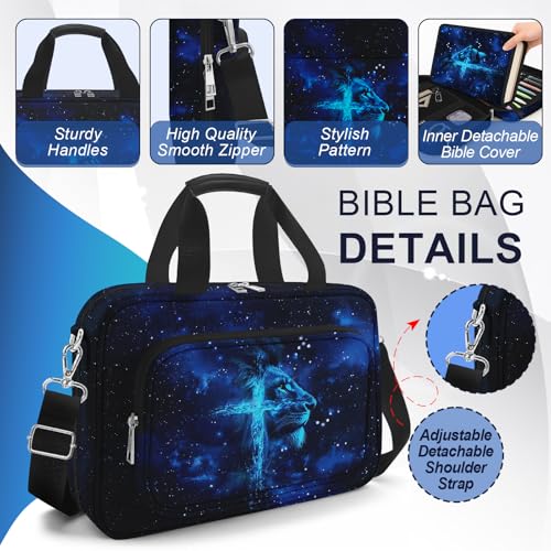 Lion Cross Large Bible Cover Case for Men, Bible Bag for Men Organizer with Strap & Handle Zipper Pocket, Bible Study Supplies Journaling Kit with Pens Highlighters Tabs Christian Gift - color: Lion Cross
