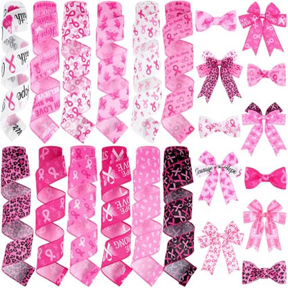 12 Rolls 60 Yards Breast Cancer Wired Ribbon Pink Butterfly Bows - style: Breast