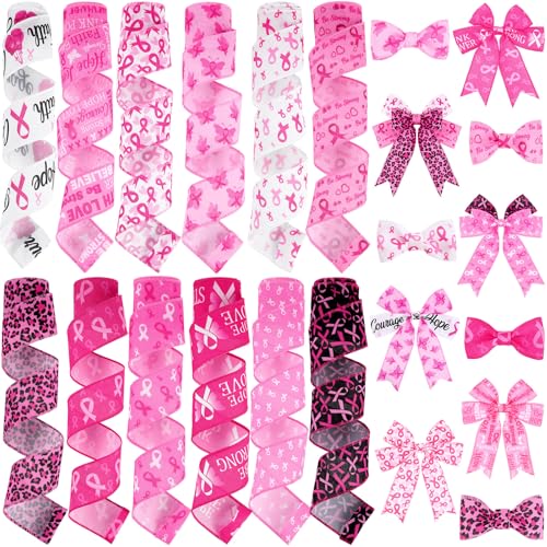 12 Rolls 60 Yards Breast Cancer Wired Ribbon Pink Butterfly Bows - style: Breast