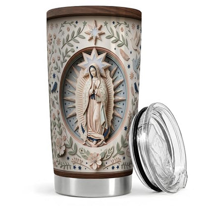 Virgin Mary Star Oval 20oz Tumbler, Marian Devotion Tumbler, Daily Tea Cup, Wood Rim Look, Pastel Floral Frame With Doves And Navy Stars, Soft Folk Art, Faithful Catholic Women - color: Virgin Mary 3