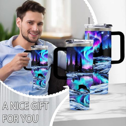 Aurora 40oz Tumbler, with Handle Straw, Funny Stainless Steel Mug - color: Aurora