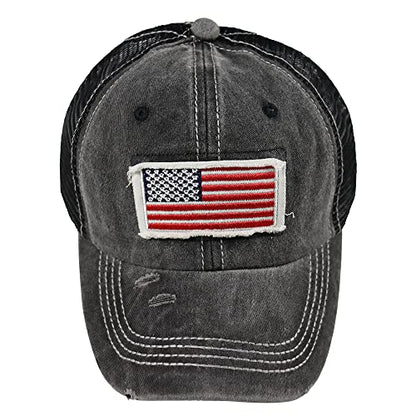 Women American Flag Ponytail Hat, Embroidery Adjustable Washed Distressed Messy Bun Baseball Cap … - color: Mesh Black