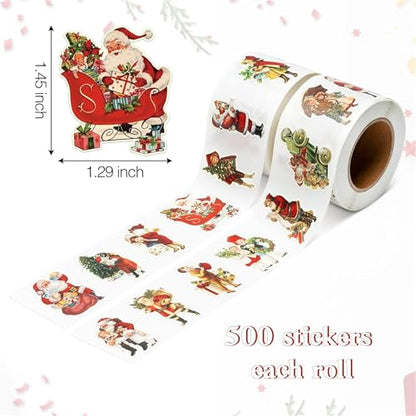 Vintage Christmas Sticker Rolls, 1000Pcs Retro Santa Sticker 2 Roll - style: Vintage Christmas