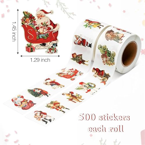 Vintage Christmas Sticker Rolls, 1000Pcs Retro Santa Sticker 2 Roll - style: Vintage Christmas