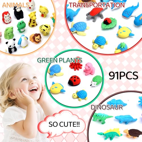 URSKYTOUS 91Pcs Animal Erasers Desk Pets for Kids,Classroom Prizes - style: 91Pcs