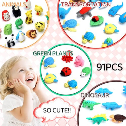 URSKYTOUS 91Pcs Animal Erasers Desk Pets for Kids,Classroom Prizes - style: 91Pcs