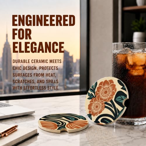 Boho Floral Car Coasters, Retro Country Orange Flowers Cup Holders, 17 - color: Boho Floral
