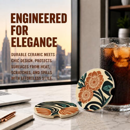 Boho Floral Car Coasters, Retro Country Orange Flowers Cup Holders, 17 - color: Boho Floral