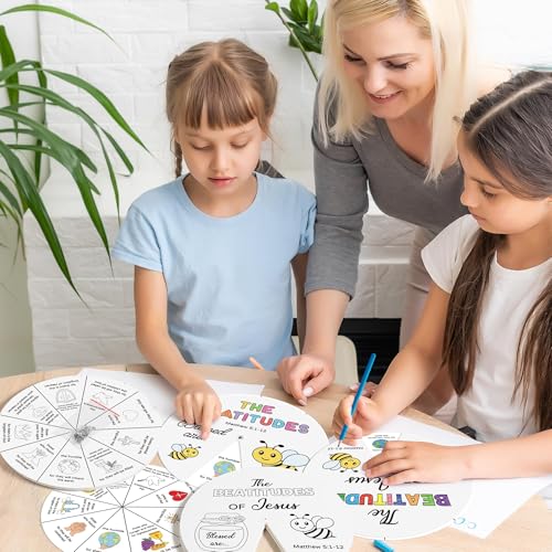 COcnny Religious Coloring Wheel Craft - 24 Sets Beatitudes Christian Craft for Kid, Color Your Own Jesus Art Kit, Biblical Bee DIY Crafts for Sunday School Classroom Church Activities VBS Supplies - style: Beatitudes