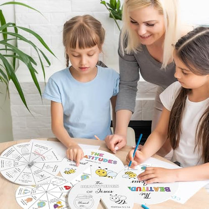 COcnny Religious Coloring Wheel Craft - 24 Sets Beatitudes Christian Craft for Kid, Color Your Own Jesus Art Kit, Biblical Bee DIY Crafts for Sunday School Classroom Church Activities VBS Supplies - style: Beatitudes