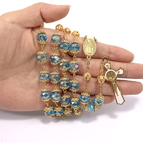 Nazareth Store St. Benedict Deep Blue Crystal Beads Rosary Prayer Necklace Golden Miraculous Medal & Gold Enamel Cross - color: Blue