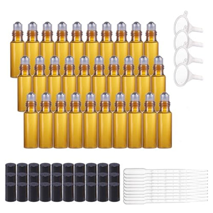 BENECREAT 30 Pack 5ml Amber Glass Essential Oils Roller Bottles with Stainless Steel Roller Balls 10Pcs 3ml Droppers, 4Pcs Funnels, 1Pc Openers for Essential Oils/Other Liquids - color: Light Brown, size: 5ml