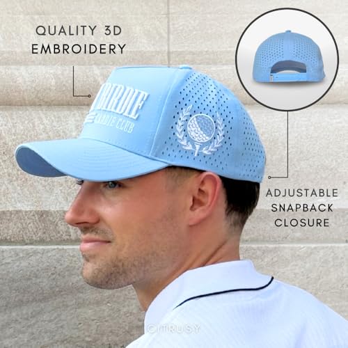 CITRUSY Athletic Trucker Golf Hat | Performance Mens 5 Panel Cap | Cool Breathable Waterproof Workout Running Snapback - color: Early Birdie | Light Blue