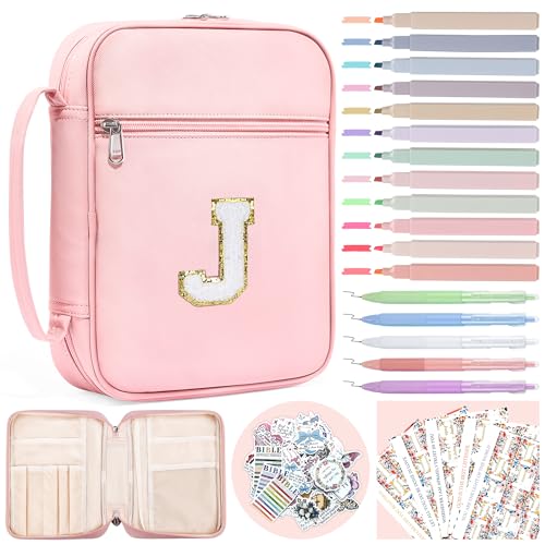 WOBAGMEN Bible Cover for Women,Pink PU Leather Personalized Bible Case with Bible Study Supplies,Including Tabs and Highlighter Set, Faith Chiristain Gift for Women Girls (Pink, J) - size: J