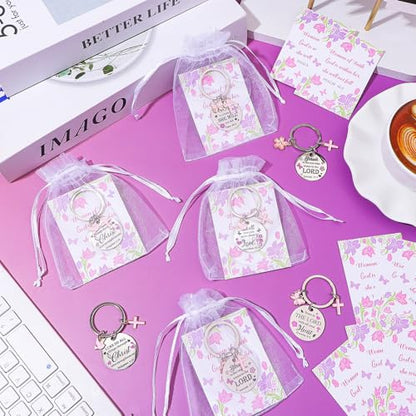 24 Sets Faith Christian Keychain Gifts for Women Religious Butterfly Cross Stainless Steel Key Chains Spiritual Bible Verse Cards with Organza Bags for Easter Christmas Baptism Coworker