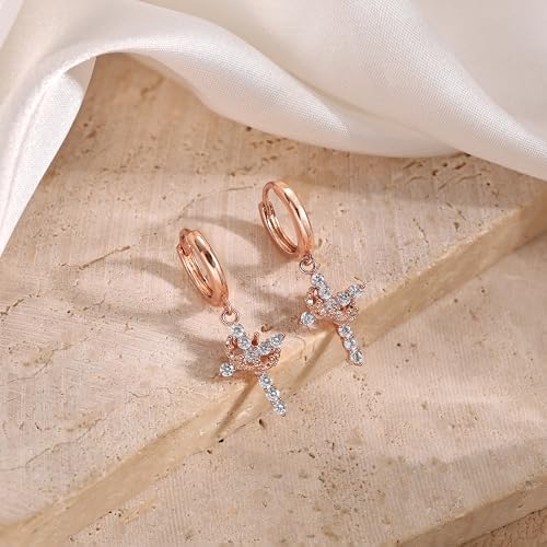 Robaice 14K Gold Plated Crown Cross Huggie Hoop Earrings for Women - color: Rose Gold