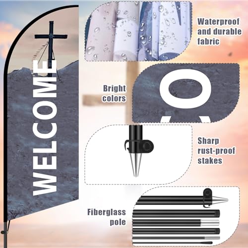 Buryeah 2 Sets 10 ft Welcome Sign Feather Flag for Church Large Swooper Flag with Fiberglass Poles and Point Stake Outside Church Welcome Banners for Outdoor Business and Events Promotion - size: 10 ft
