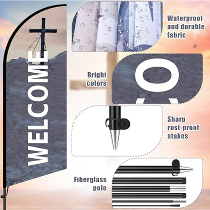 Buryeah 2 Sets 10 ft Welcome Sign Feather Flag for Church Large Swooper Flag with Fiberglass Poles and Point Stake Outside Church Welcome Banners for Outdoor Business and Events Promotion - size: 10 ft