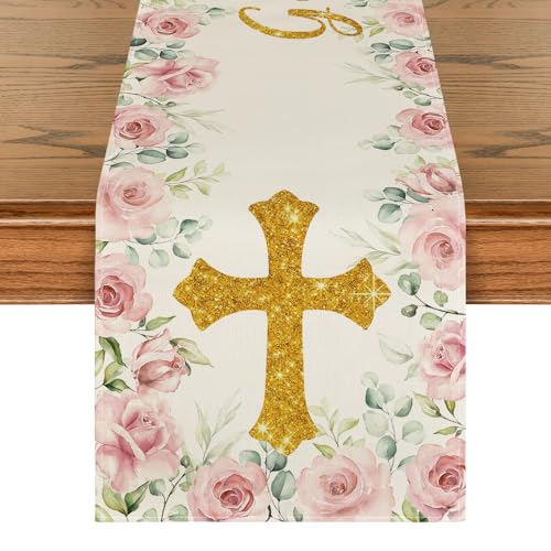 Artoid Mode Pink God Bless Girl Baptism Baby Shower Table Runner, First Holy Communion Christening Holiday Kitchen Dining Table Decoration for Home Party Decor 13x36 Inch - color: Pink, size: 13" x 36", Table Runner